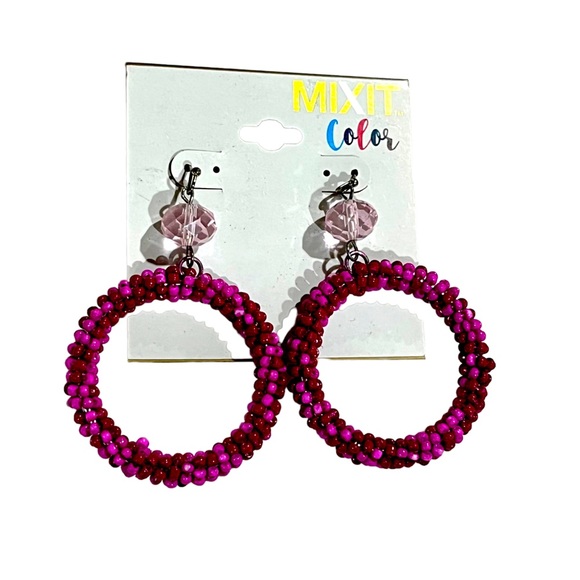Mixit Women's Drop Hoop Beaded Earrings Pink Glass Silver Tone French Wire NWT - Picture 4 of 6
